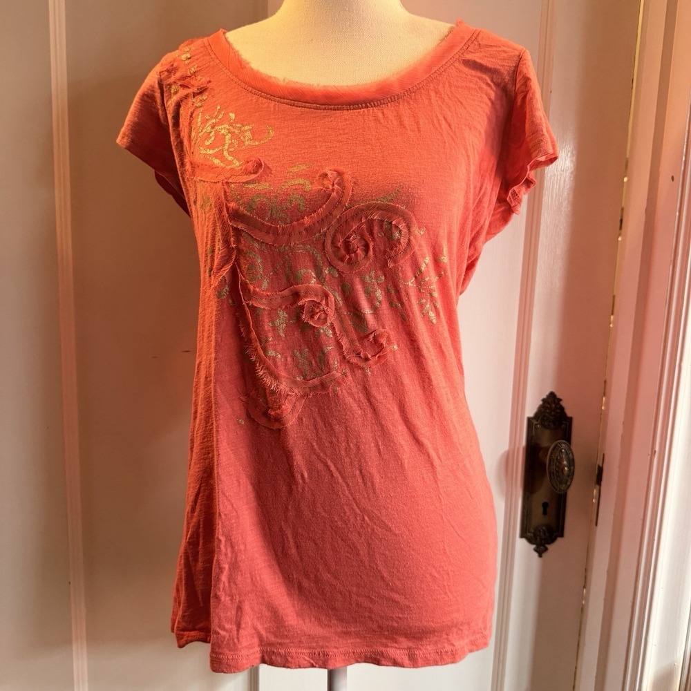 Willi‎ Smith Y2K Embellished Coral Graphic T-shirt Size M